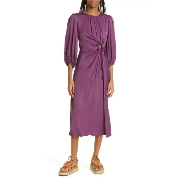 Farm Rio Piping Cutout Balloon Sleeve Dress In Purple Burgundy Size Medium FLAW! - Picture 1 of 16
